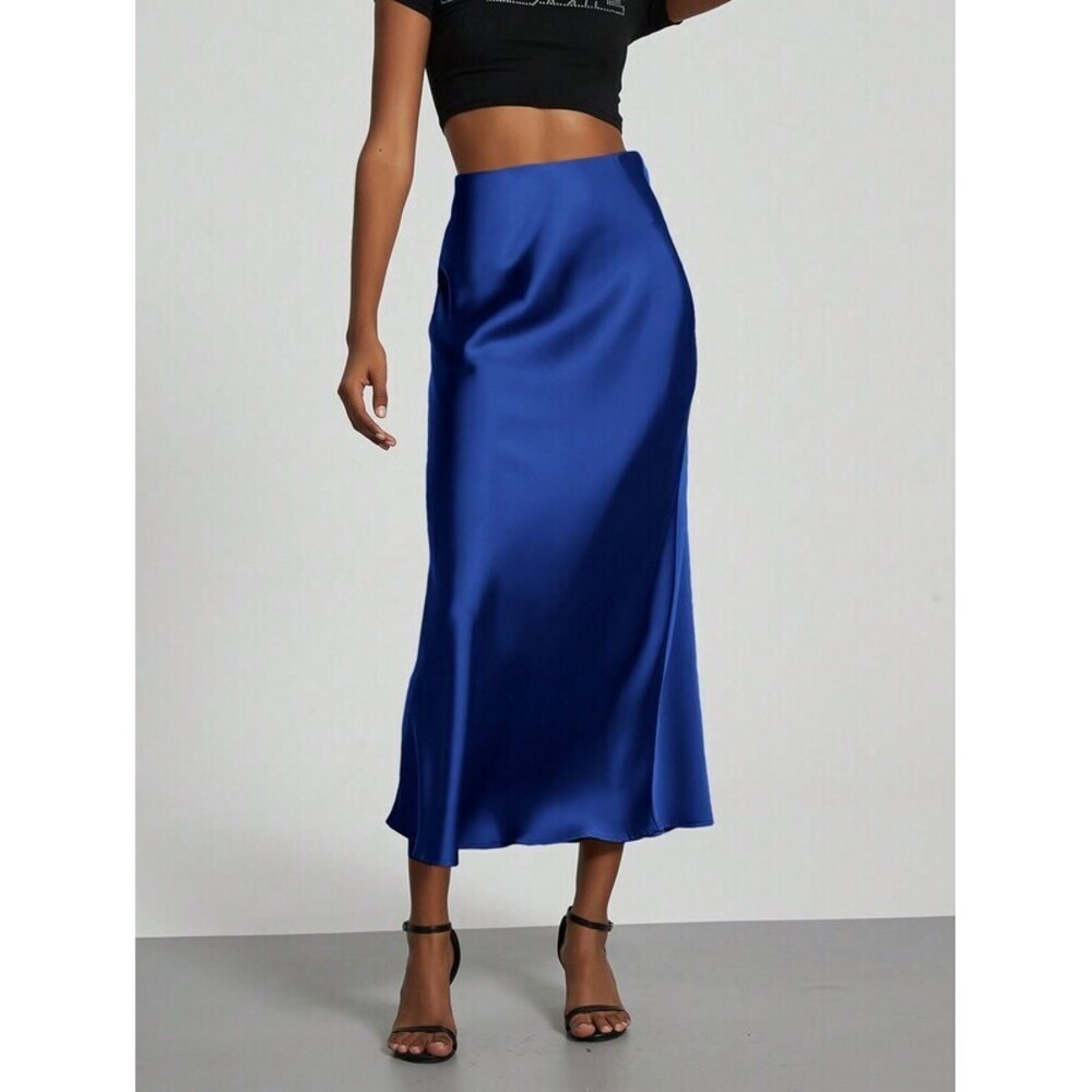 Se-Helo Fashion Elastic Satin Finish Maxi Skirt - Navy Blue Sprin